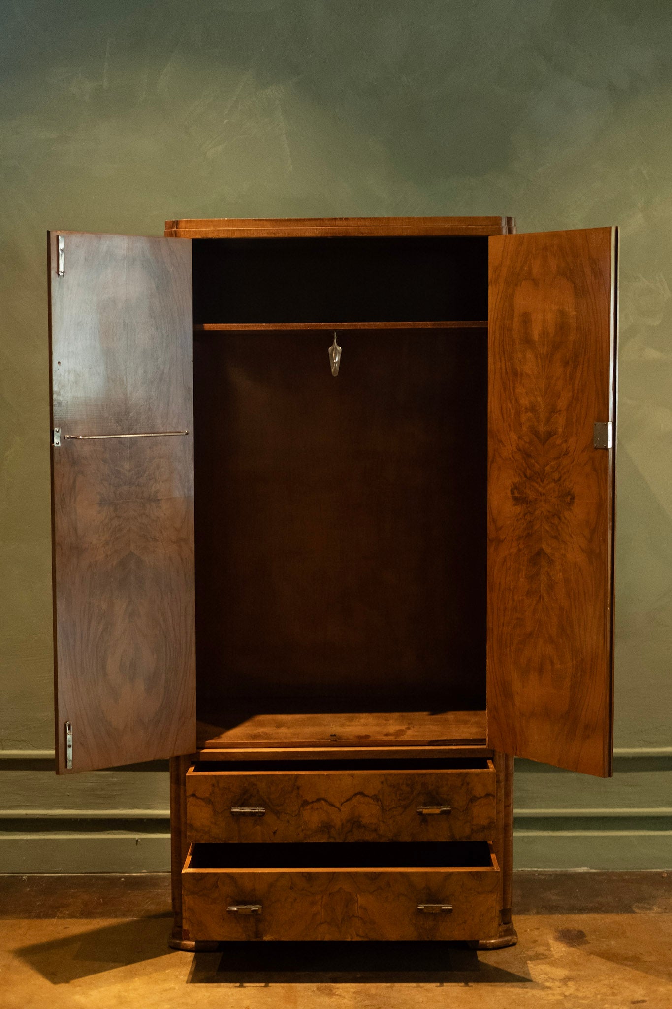 1920s Petite Art Deco Burl Wood Armoire