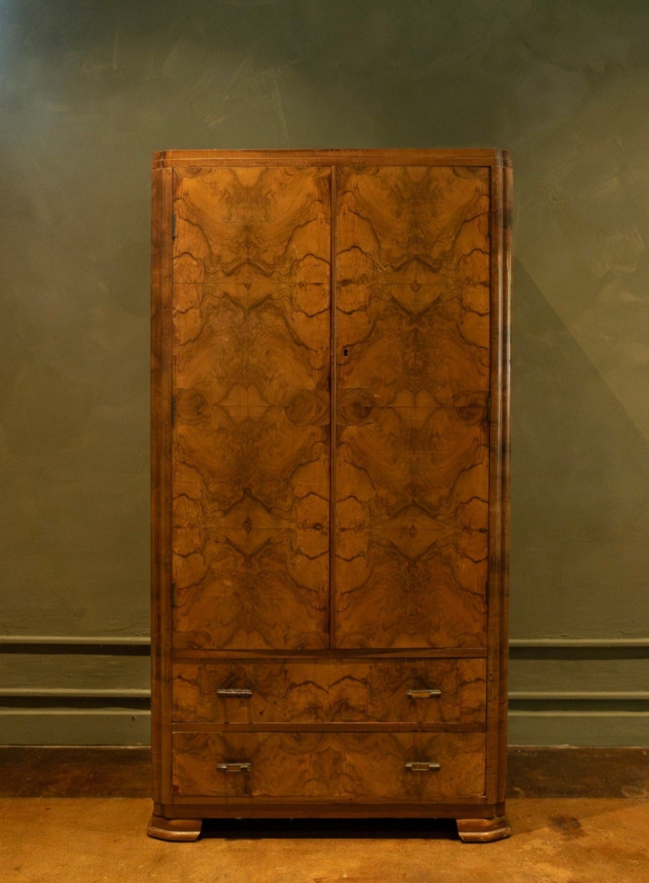 1920s Petite Art Deco Burl Wood Armoire