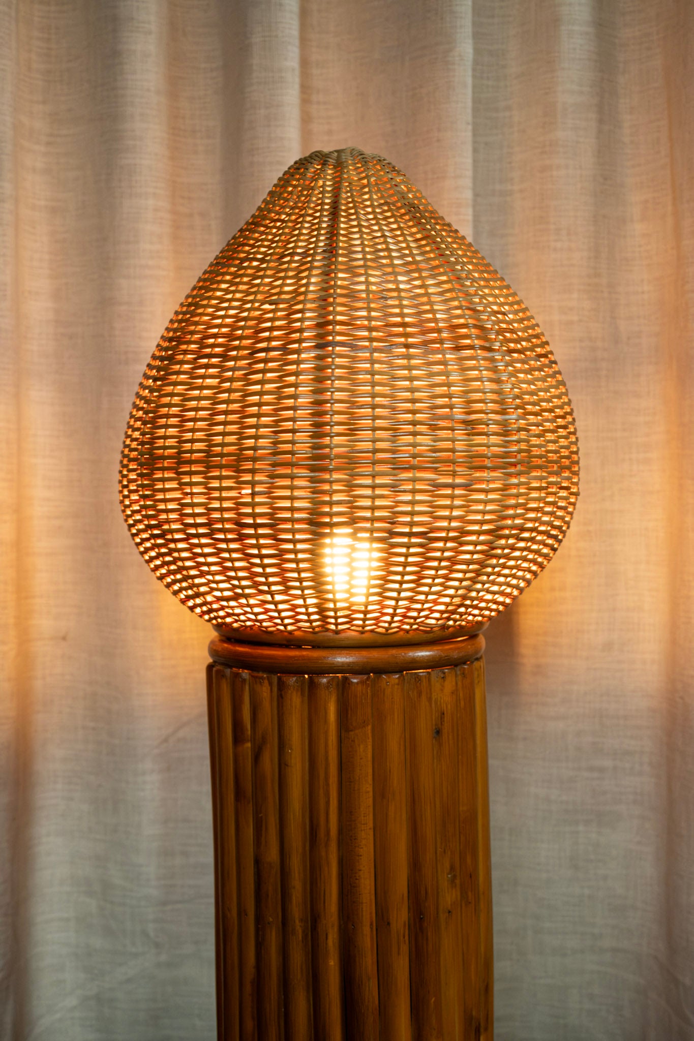 Midcentury Pencil Reed and Wicker Lamp, Made by Kazama in Japan