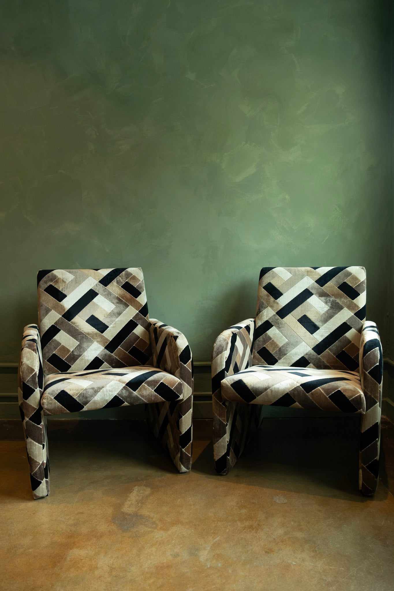 1970s Lounge Chairs, Reupholstered in Patchwork Patterned Velvet