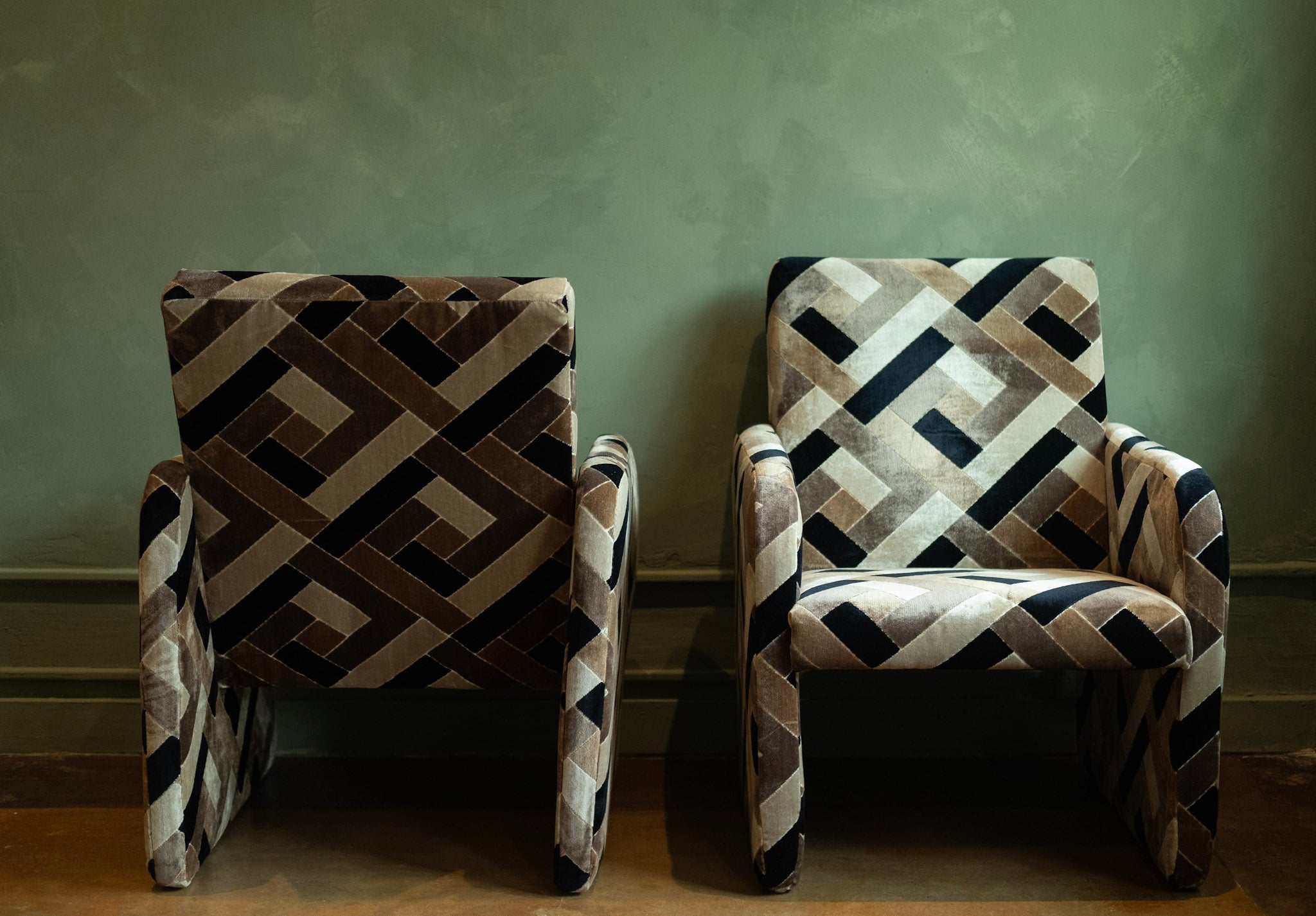 1970s Lounge Chairs, Reupholstered in Patchwork Patterned Velvet